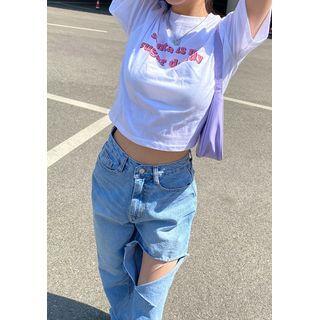 Lettered Cropped Cotton T-shirt