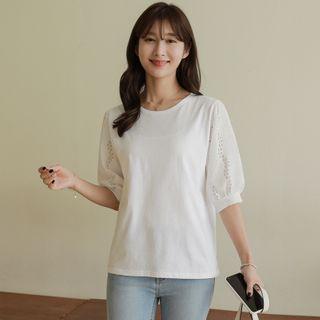 Crinkled Lace-sleeve Cotton T-shirt