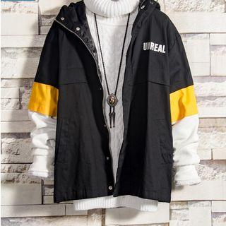 Hood Color Block Button Jacket
