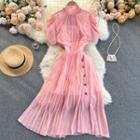 Short-sleeve Bow Pleated Chiffon Midi A-line Dress