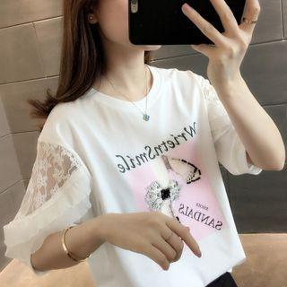 Short-sleeve Lace Panel Print T-shirt