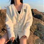 Lettering Lace-up Fleece Cardigan White - One Size