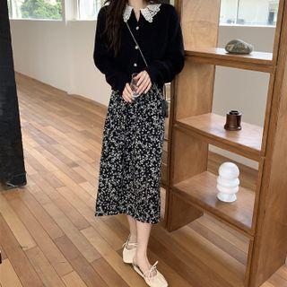 Floral Print Midi A-line Skirt / Lace Collar Cardigan