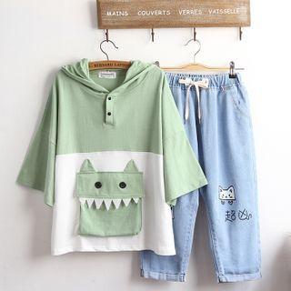 3/4-sleeve Cartoon Hoodie / Wide-leg Jeans / Set