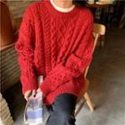 Round Neck Cable Knit Sweater Red - One Size