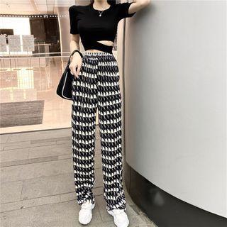 Plain Short-sleeve Slim-fit Cropped Top / Houndstooth Pants