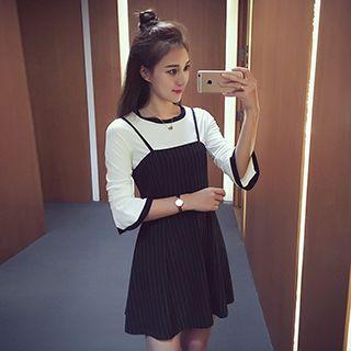 Set: Elbow-sleeve Top + Strappy A-line Dress
