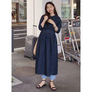 Tie-waist Slit-back Denim Long Dress