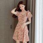 Floral Print Puff-sleeve Mini A-line Dress