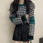Color Block Houndstooth Long-sleeve Sweater