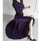 Piped Pleated Long Knit Dress With Belt