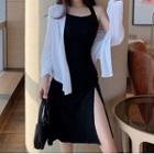 Split Spaghetti-strap Dress / Long-sleeve Plain Shirt