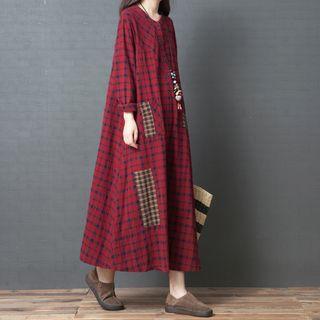 Long-sleeve Paneled Plaid Midi Dress