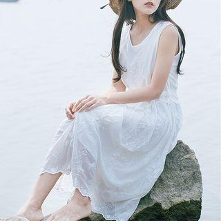 Embroidered Chiffon Sundress With Sash