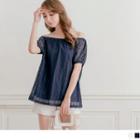 Off-shoulder Plain Short-sleeve Lace Top