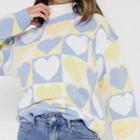 Heart Print Sweater Heart Print - Yellow & Blue & White - One Size