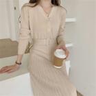 Long-sleeve Belted Pleated Knit Midi A-line Dress