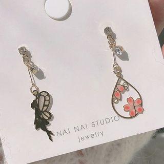 Non-matching Alloy Butterfly & Sakura Dangle Earring 1 Pair - Silver Steel - Pink Flower & Brown Butterfly- Gold - One Size