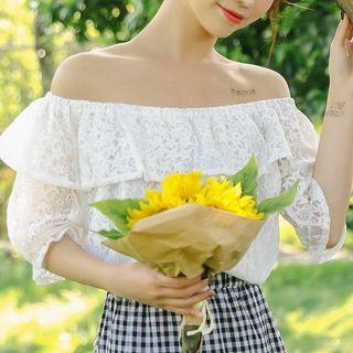 Off-shoulder Lace Elbow-sleeve Top