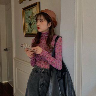 Long-sleeve Floral Print Mesh Mock-neck Top