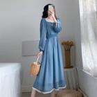 Long-sleeve Frill Trim Square-neck A-line Midi Dress