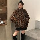 Furry Leopard Zip Jacket Coffee - One Size