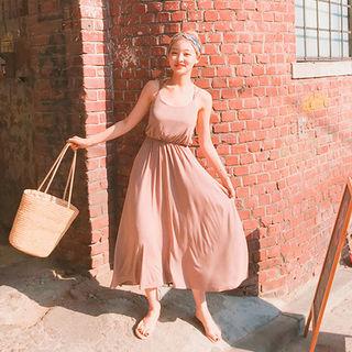 Spaghetti-strap Gathered-waist Long Dress