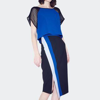 Set: Mesh Panel Short Sleeve T-shirt + Striped Midi Skirt