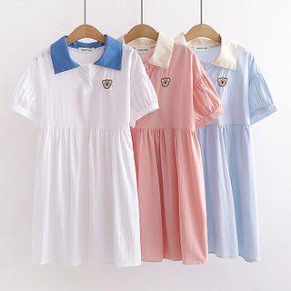 Bear Embroidered Collared Short-sleeve Mini A-line Dress