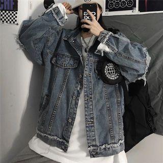Fray Trim Distressed Denim Button Jacket