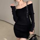 Long-sleeve Cold Shoulder Faux Pearl Mini Bodycon Dress