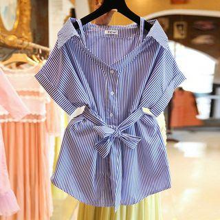 Pinstriped Off Shoulder Short-sleeve Blouse