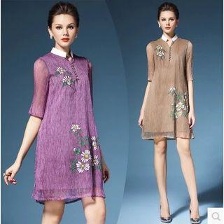 Floral Print Elbow-sleeve Collared Dress
