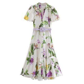 Flower Print Short-sleeve Midi A-line Shirtdress