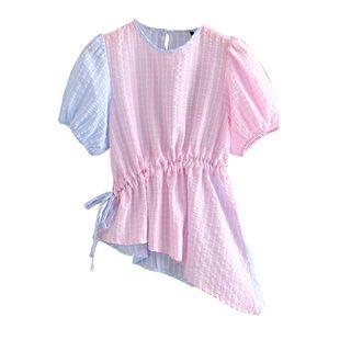 Asymmetric Short-sleeve Paneled Drawstring Blouse