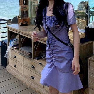 Square-neck Drawstring Plain Dress