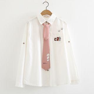 Embroidered Shirt With Cat Print Tie