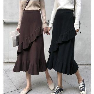 Ruffle-trim Midi A-line Knit Skirt