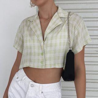 Short-sleeve Notch Lapel Plaid Crop Shirt