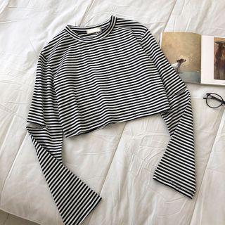 Distressed Color-block Striped Long-sleeve T-shirt Black - One Size