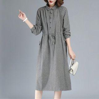 Long-sleeve Checked A-line Midi Shirtdress
