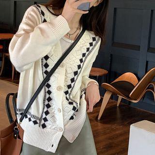 Argyle Trim Cardigan White - One Size