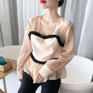Mock Two-piece Ruffle Trim Blouse Almond - One Size