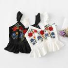Floral Embroidered Ruffle Trim Sleeveless Top