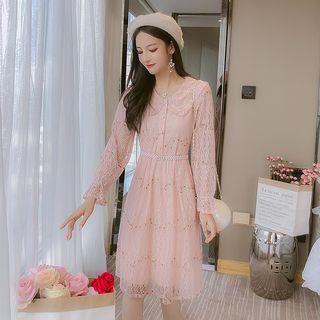 Long-sleeve Floral Embroidered Midi Lace Dress