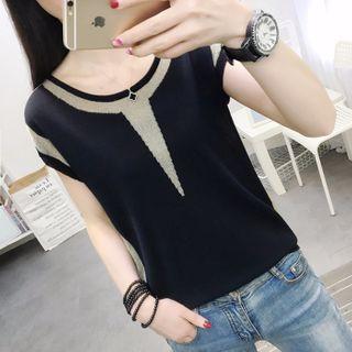 Contrast Color Cap-sleeve Knit Top