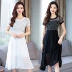 Short-sleeve Striped Panel Chiffon A-line Midi Dress