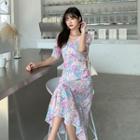 Floral Short-sleeve V-neck Drawstring Midi A-line Dress