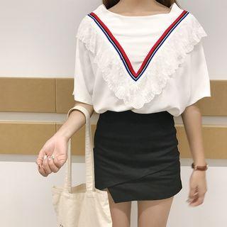 Ruffle Lace Trim Short-sleeve T-shirt