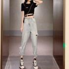 Set: Short-sleeve Top + Ripped Harem Denim Pants
